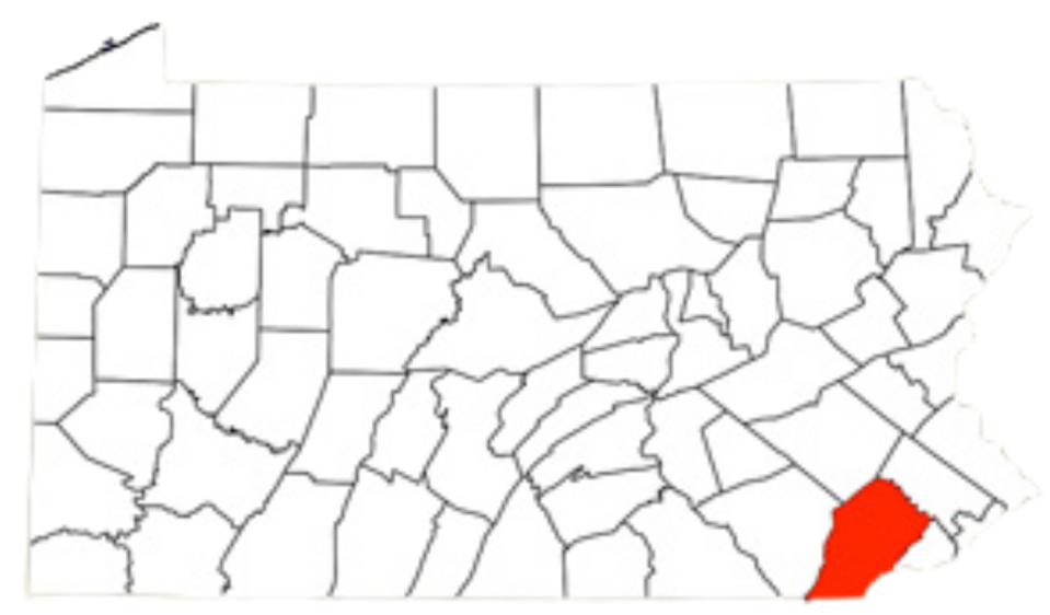 Map of Pennsylvania highlighting one county in red.
