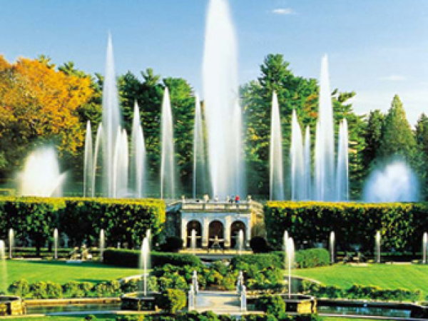 Fountain display in a garden with trees and blue sky.